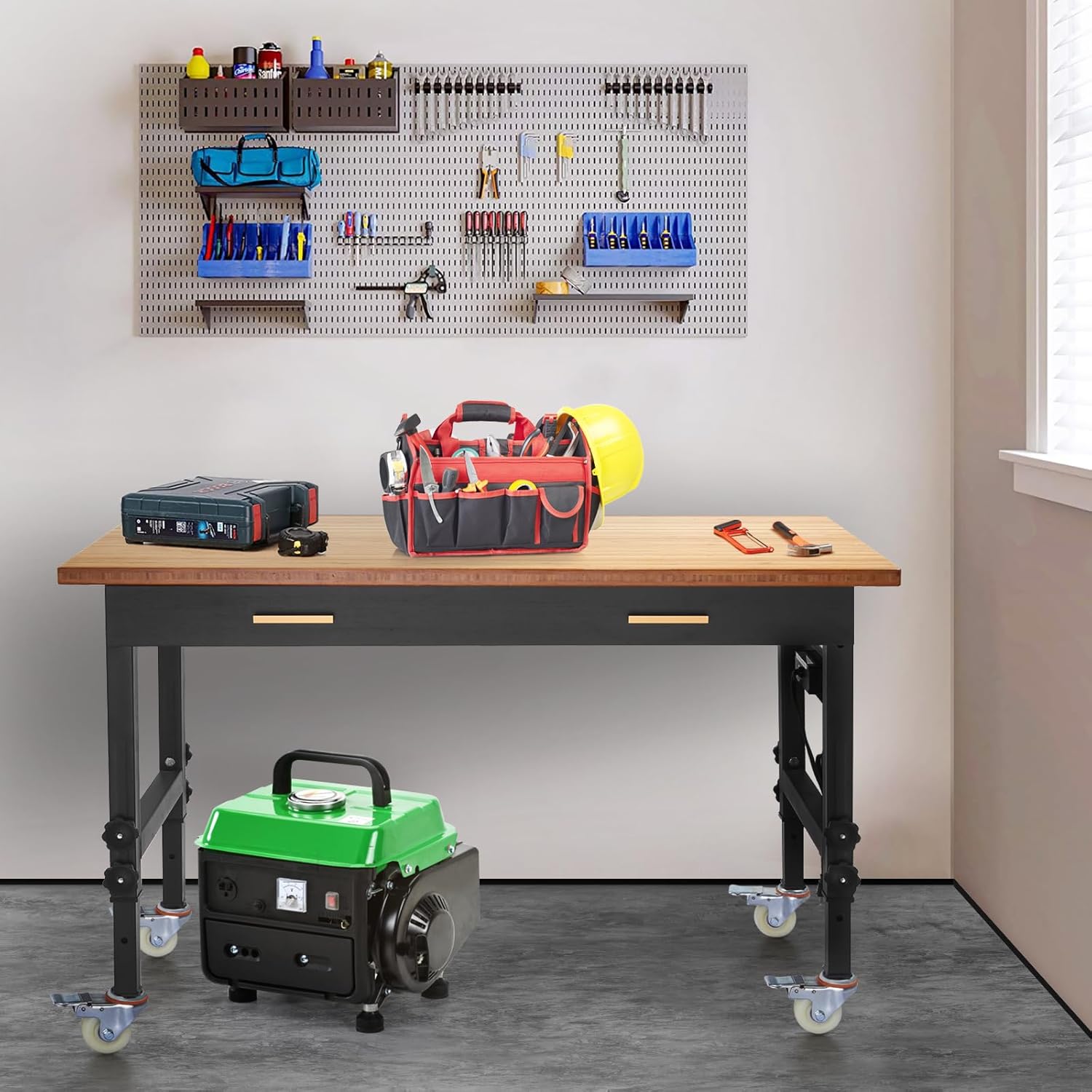 60" Work Bench with Drawers Storage, Adjustable Workbench for Garage with Wheels, Power Outlets, Bamboo Wood Top Workbench Work Table (59x23.6)