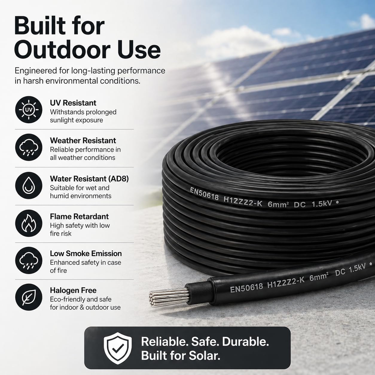 Câble solaire PV 6 mm EN50618 H1Z2Z2-K 1500 V DC Câble photovoltaïque en cuivre étamé double isolation pour installation de panneau solaire - Rouge, 100 mètres