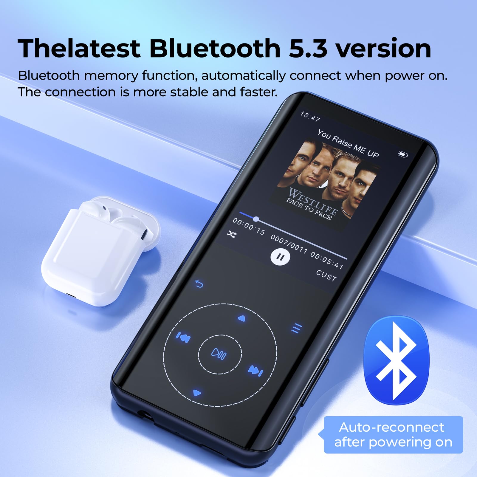 64GB Reproductor MP3 Bluetooth 5.3 con Diseño Metálico Curvo y Pantalla de 2,4 Pulgadas, Altavoz Integrado, Sonido HiFi Lossless, Teclas Táctiles, Radio FM, Grabadora de Voz, Ampliable hasta 128GB