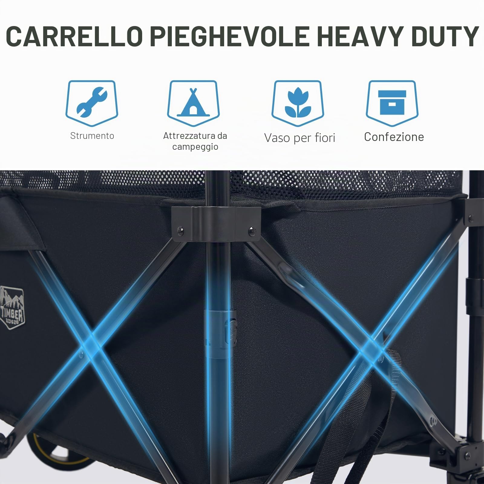 TIMBER RIDGE XXXL Carrello da Giardino Pieghevole Carrelli da Trasporto Pieghevoli 225L Carrello da Spiaggia più Profondo per Giardino da Campeggio all'aperto Ogni Tipo di Terreno Nero con freno