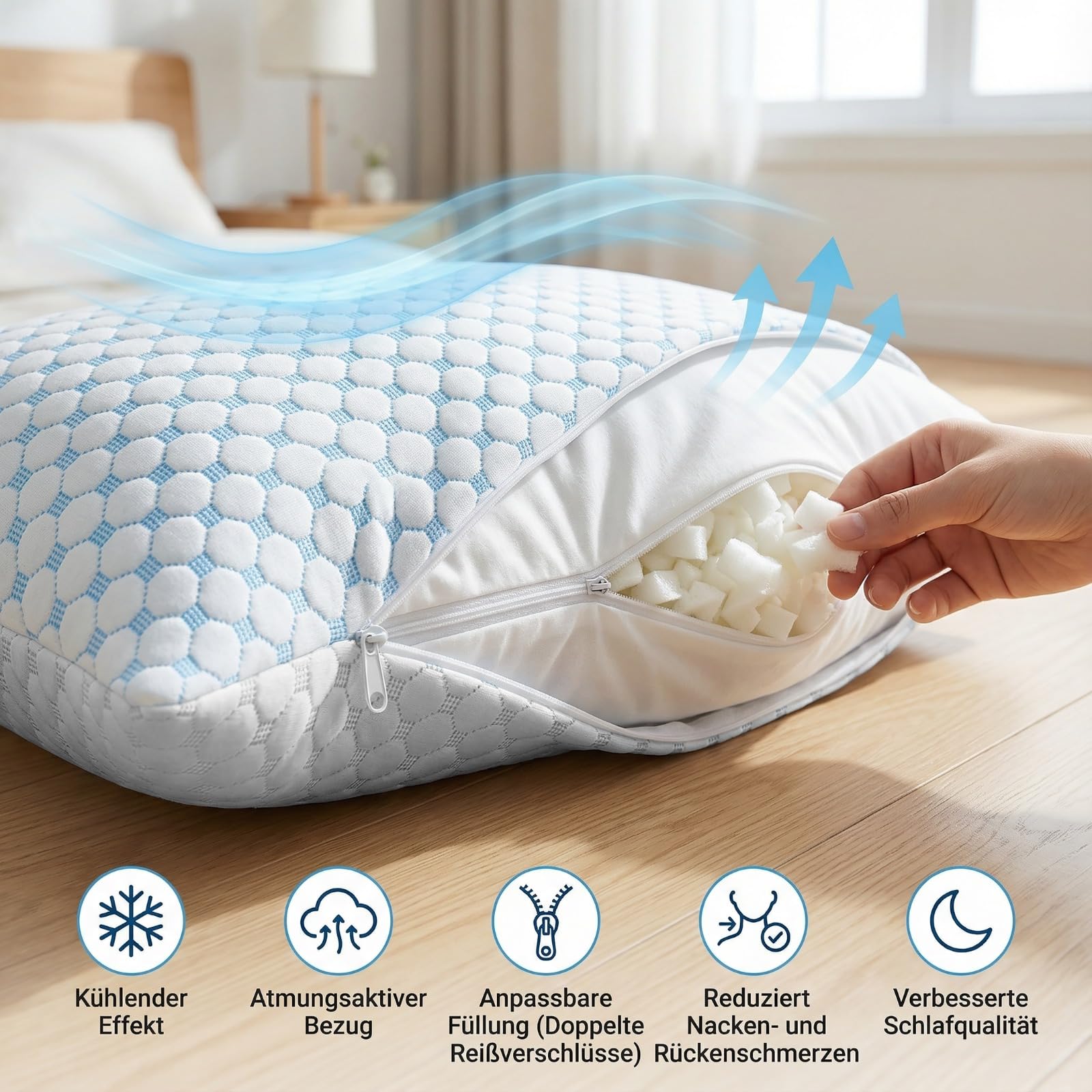 Kühlendes Kopfkissen 40x80 mit Kühlfunktion, Memory Foam Kissen ergonomisch, Nackenstützkissen für Seitenschläfer, hitzeregulierend gegen Schwitzen, Sommer Kopfkissen 40x80 höhenverstellbar