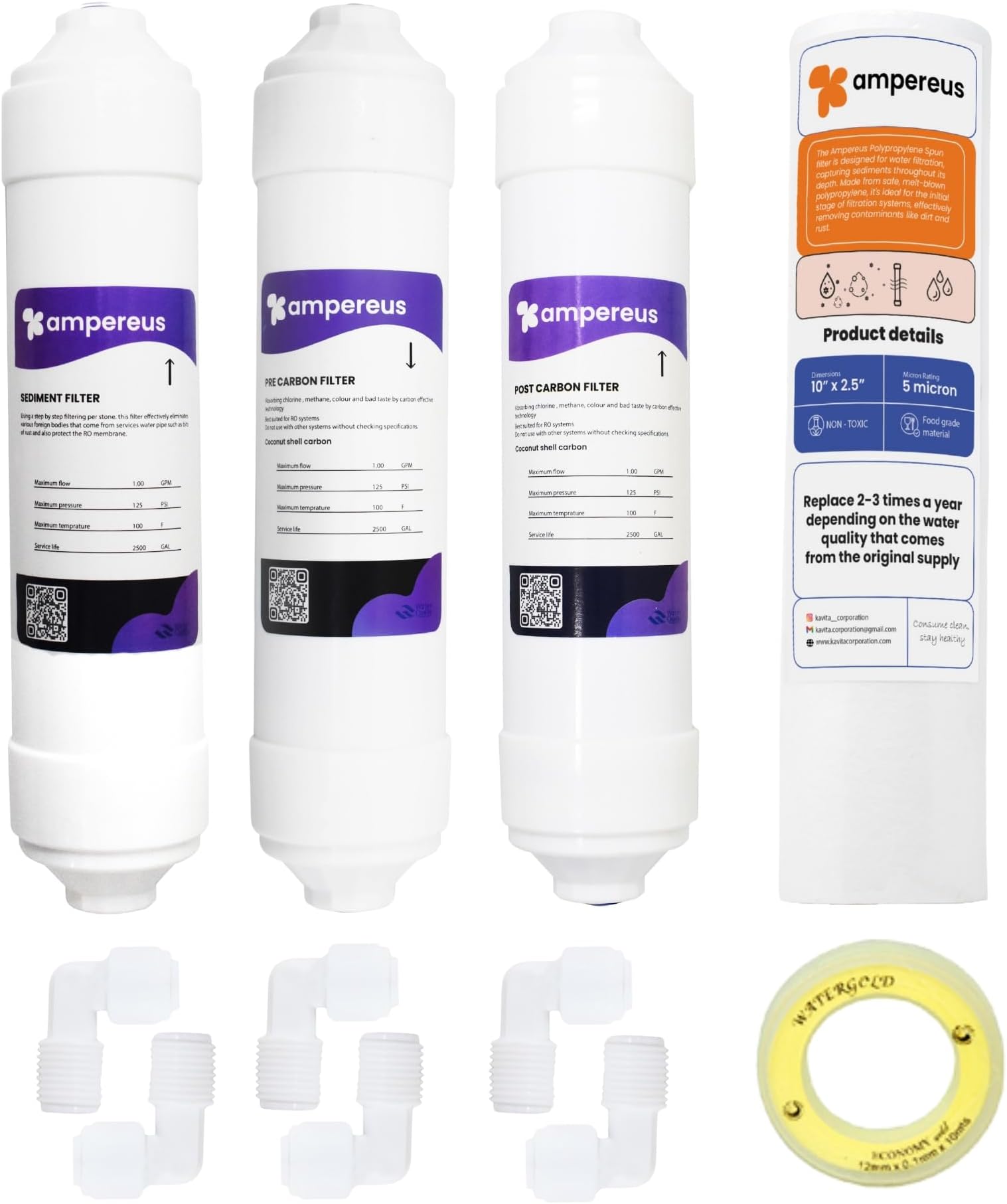 AMPEREUS Carbon Inline Filter Set Sediment Filter Pre Carbon Filter Post Carbon Filter and 6 Pcs Connector Taflon Tape Suitable for All Kind of RO/UV/UF Water Purifiers