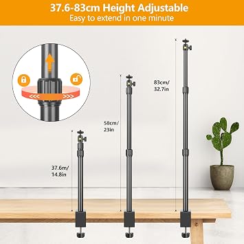 Camera Desk Mount, 37.6-83cm Adjustable Desk Light Stand, Tabletop C-Clamp Mount Arm with 1/4 Ball Head for Webcam, Ring Light, Live Streaming, Video Recording, Max Load 2KG