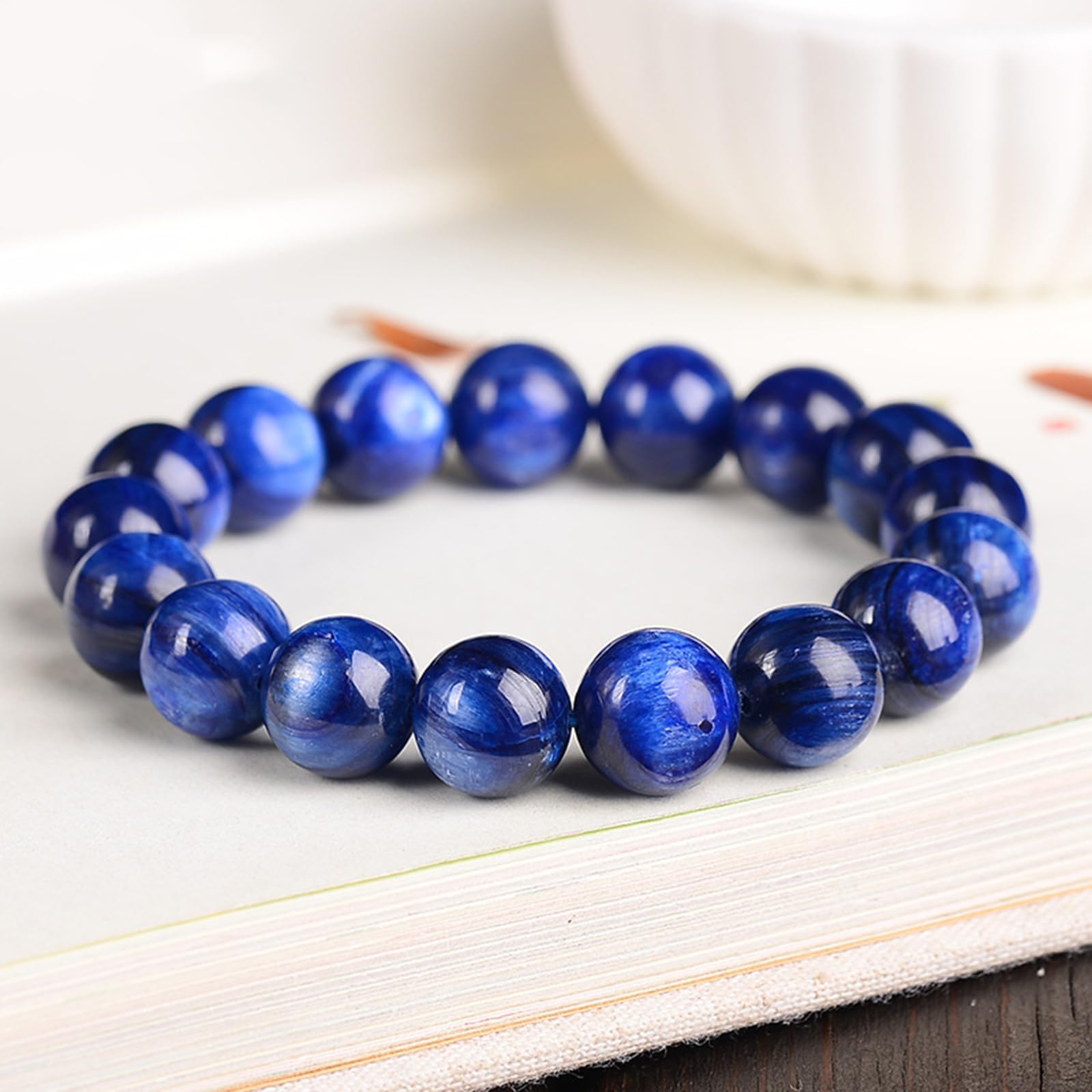 Bracciale perline di cristallo,bracciale elastico in cianite blu naturale | Gioielli in pietra di cristallo curativo lucido, braccialetti con perline energetiche di buona fortuna