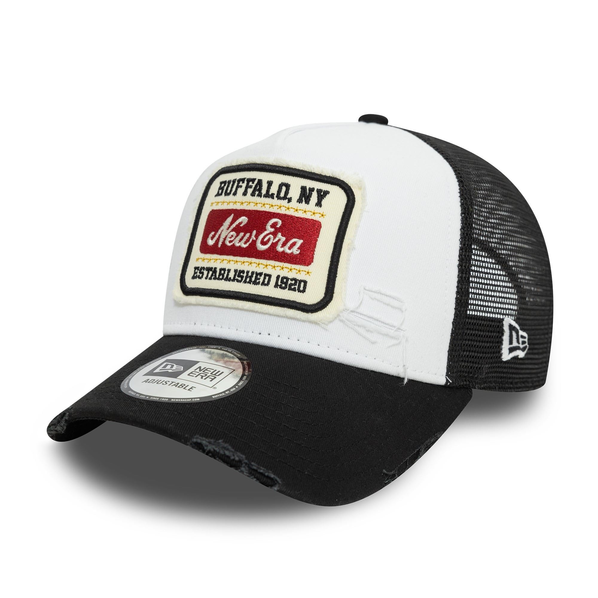 New Era Trucker Cap in a Distressed Design Adjustable hat A-Frame Baseball Cap Patch White Black