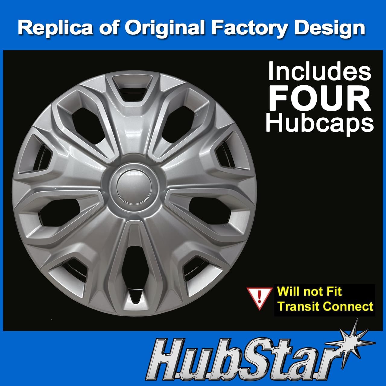 Hubcap Replacement for Ford Transit 150, 250, and 350: 2015-2024, 16-inch Original-Style Replica with Heavy-Duty Clips (Silver, 4 Pieces)