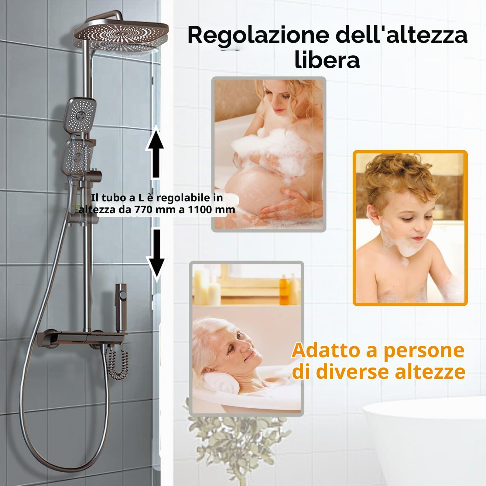 Colonna Doccia con Miscelatore Doccia Soffione Completo Asta Doccia con Soffione e Doccetta 135 cm Regolabile Soffione Doccia Quadrato (Grigio)