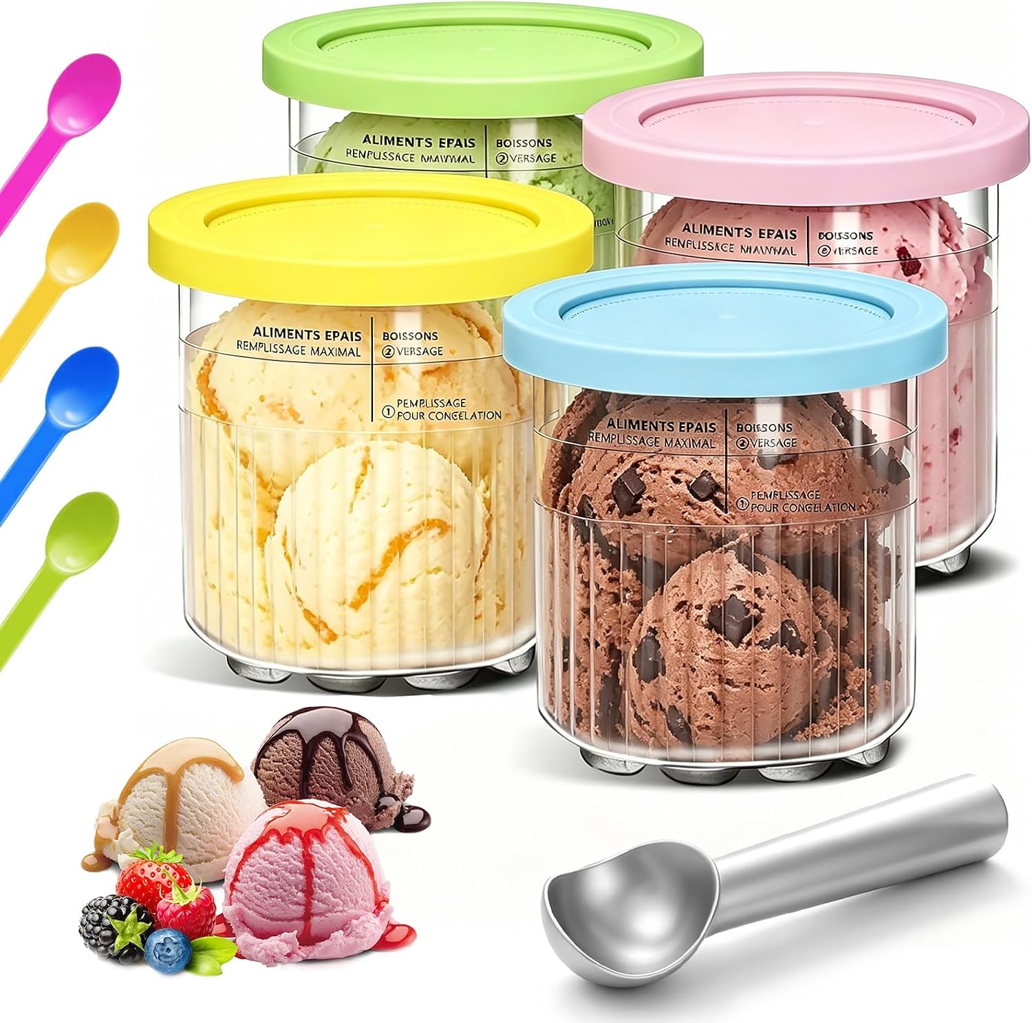 4 Pack Ice Cream Pint Containers, Pints and Lids for Ninja, 24 oz Creamy Containers with 4 spoons&1 metal spoon, for NC500 NC501 Series Ice Cream Makers Machine Accessories,Dishwasher washable