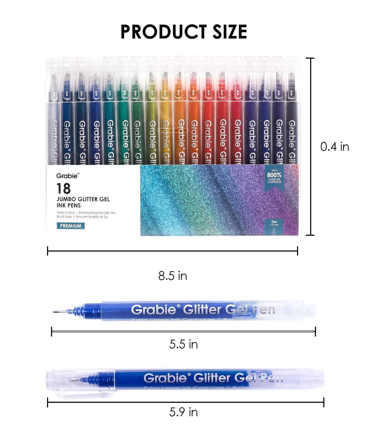 Grabie Jumbo Glitzer Gelschreiber Set, 18 Farben mit 800% mehr Tinte, Glitzerstifte für Malbücher & DIY-Projekte, 1,0 mm Rollerball für sanften Tintenfluss, Shimmering Metallic-Effekt