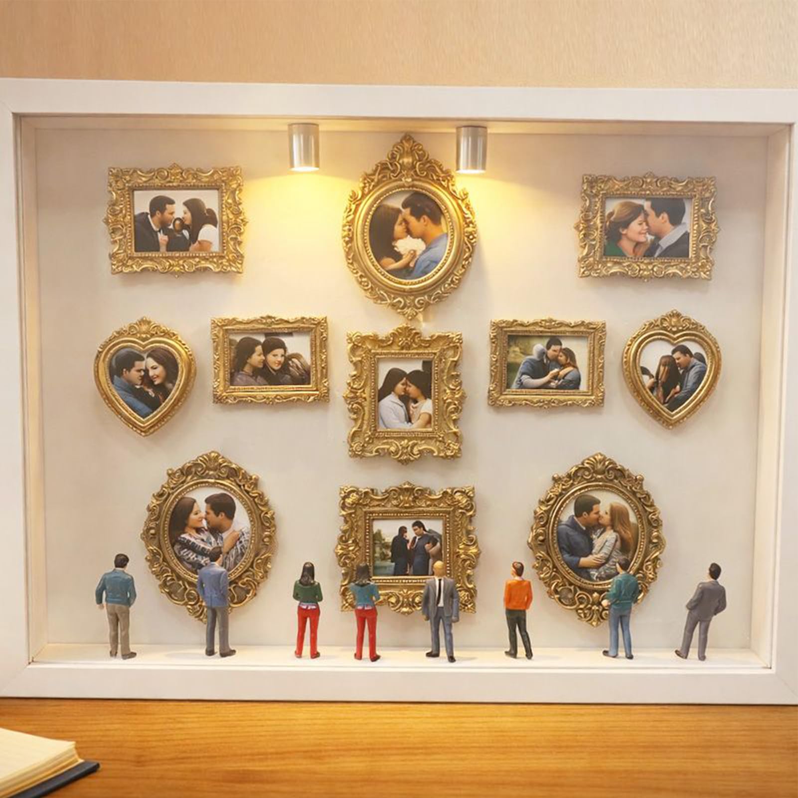 Mini Cajas De Silueta De Museo De Bricolaje, Mini Marco De Fotos De Museo De Escritorio, Con 11 Pequeños Marcos De Fotos Dorados, Luces LED Cálidas Y 8 Estatuas De Figuras,Para Aniversarios,cumpleaños