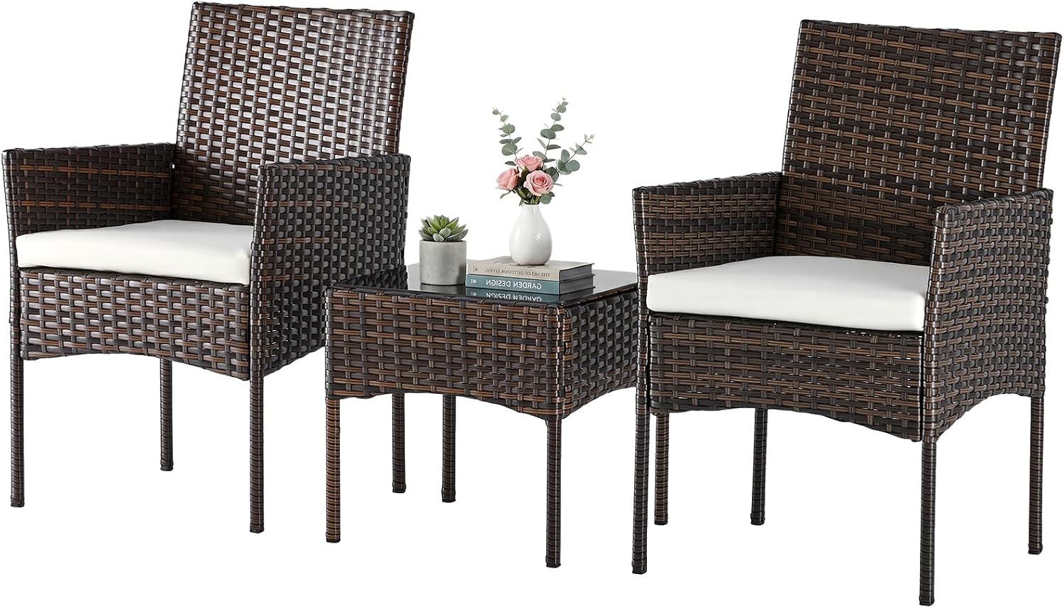 3-Piece Patio Furniture Set, Outdoor Wicker Rattan Conversation Set with Removable Cushions & Tempered Glass Table, Bistro Set for Porch, Balcony, Apartment - Brown