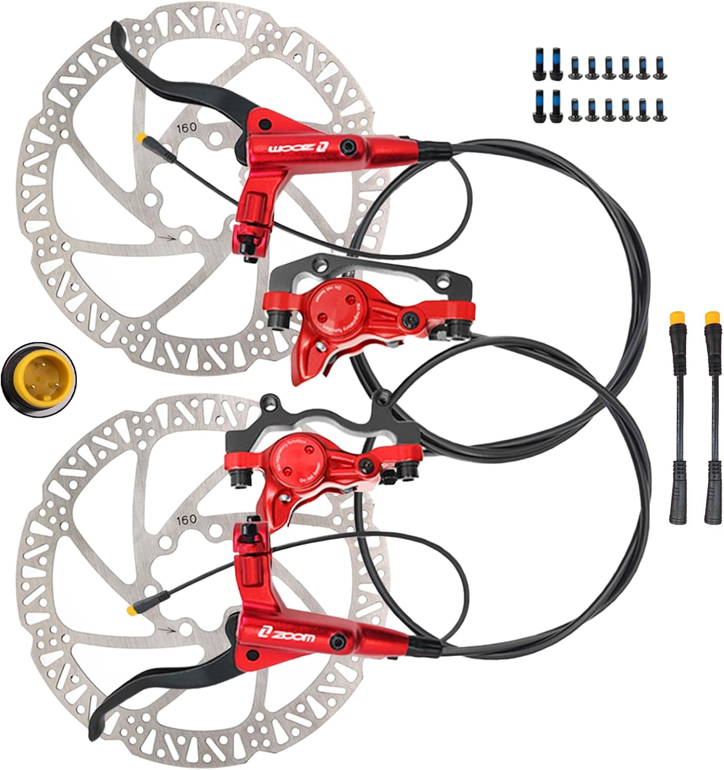 Zoom eBike Hydraulic Brake Upgrade Kit – 2/3 PIN Male Waterproof Power-Off Sensor Connector, Pre-Bled Brake Levers & Calipers with 160mm Rotors