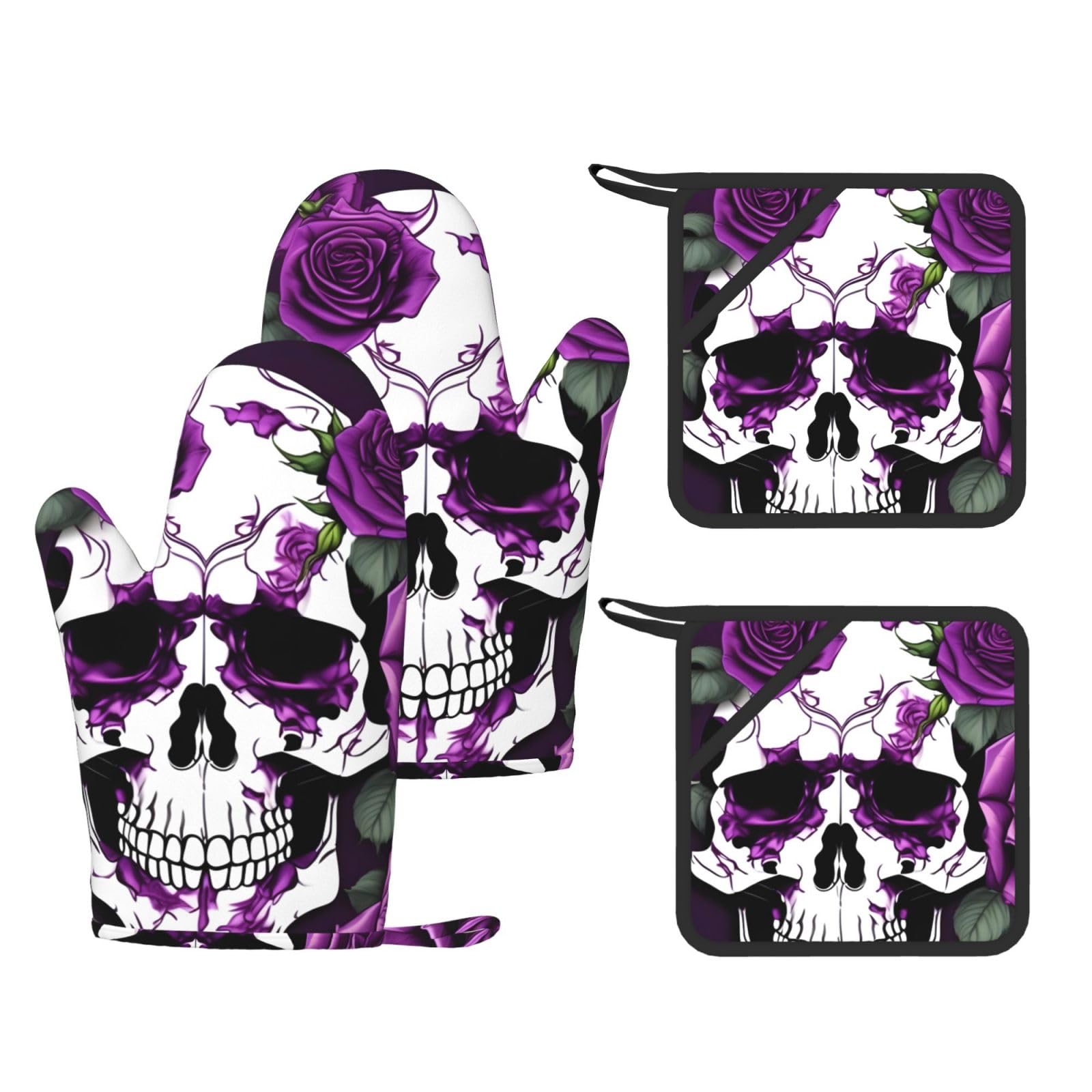 Gants de cuisine en silicone violets lot de 4 résistants à la chaleur motif squelette
