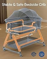 Vista 8 de Moisés de noche para bebé, resistente 3 en 1 con colchón y ruedas, altura ajustable, malla transpirable, cesta de almacenamiento, fácil de montar