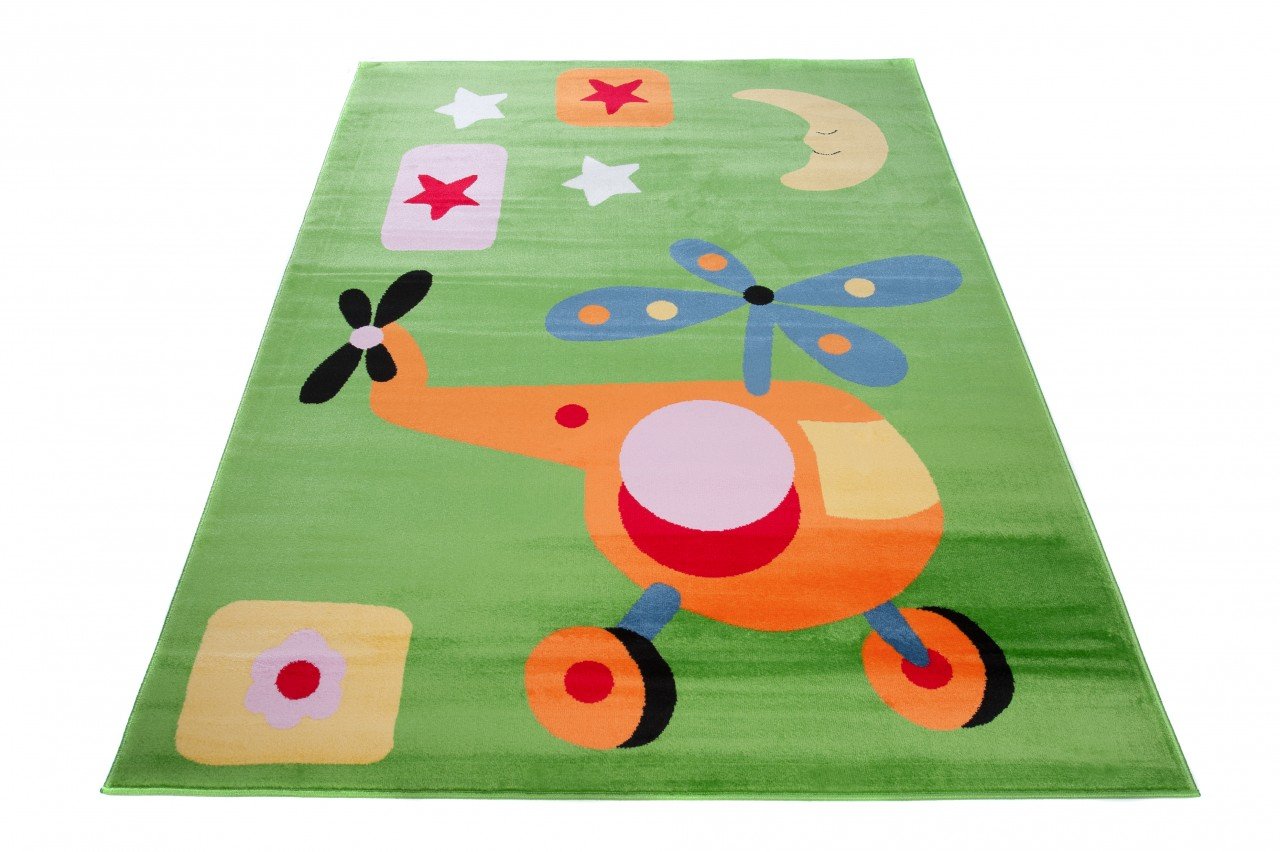 TAPISO Kinder New Alfombra Infantil de Salón Habitación para Niño Niña Bebé Diseño Moderno Helicóptero Verde Naranja Amarillo Rojo Alfombra de Juegos Pelo Corto Suave 140 x 190 cm