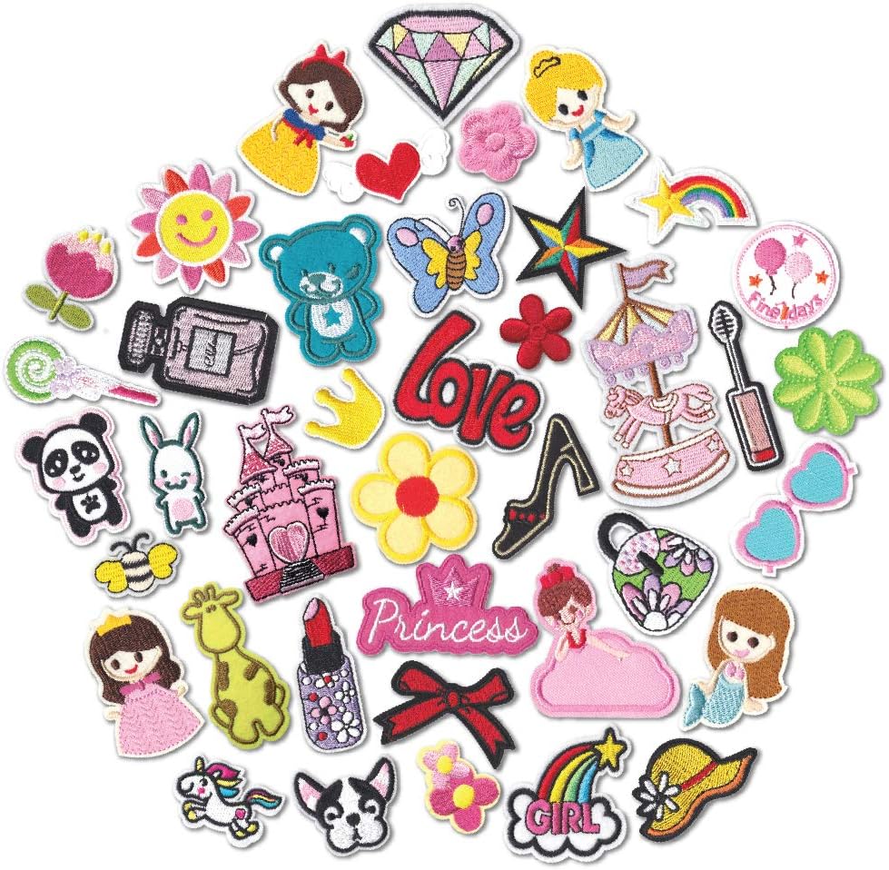 HeyaZea 40pcs Cute Girls Iron On Patches Embroidered Pretty Sewing On Patches Appliques for Clothes Jackets Hats Backpacks Jeans Kids Children; Princess Rainbows Unicorns Flowers Rose Hearts Butterfly