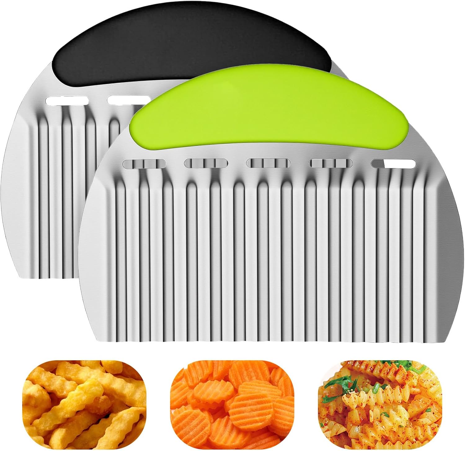 2 Pcs Fancy Crinkle Cut Slicer For Carrots Heavy Duty Stainless Steel Wavy Chopper, Large Wave Slicer For Potatoes, Carrots, And Veggies, Stainless Steel Vegetable Crinkle Cutting Tool Black Green