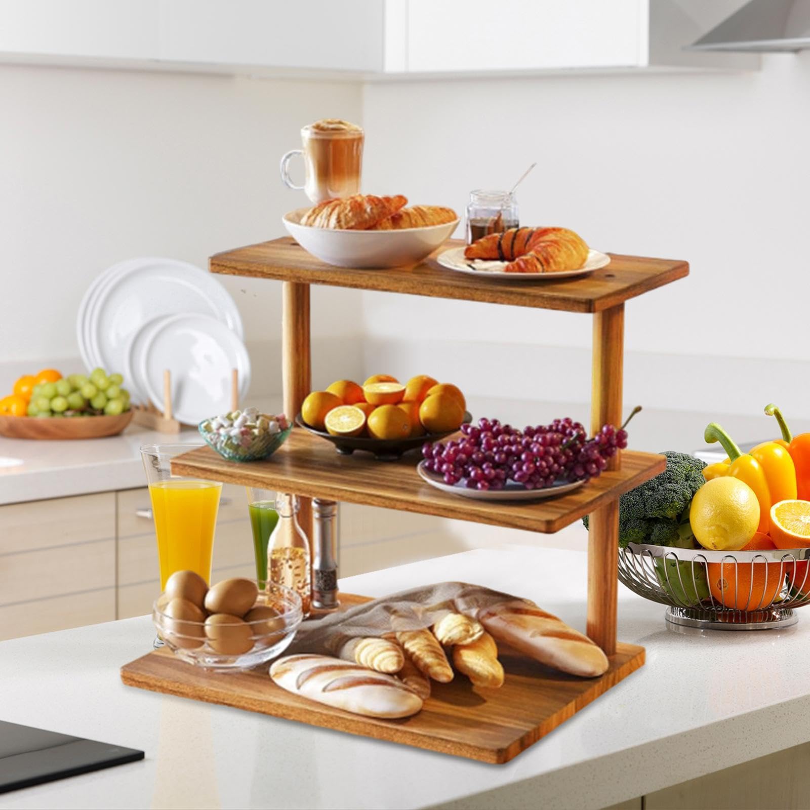 Présentoir à gâteaux à étages en bois rustique 3 niveaux, idéal pour présenter gâteaux, biscuits et bonbons lors de fêtes. Ce présentoir