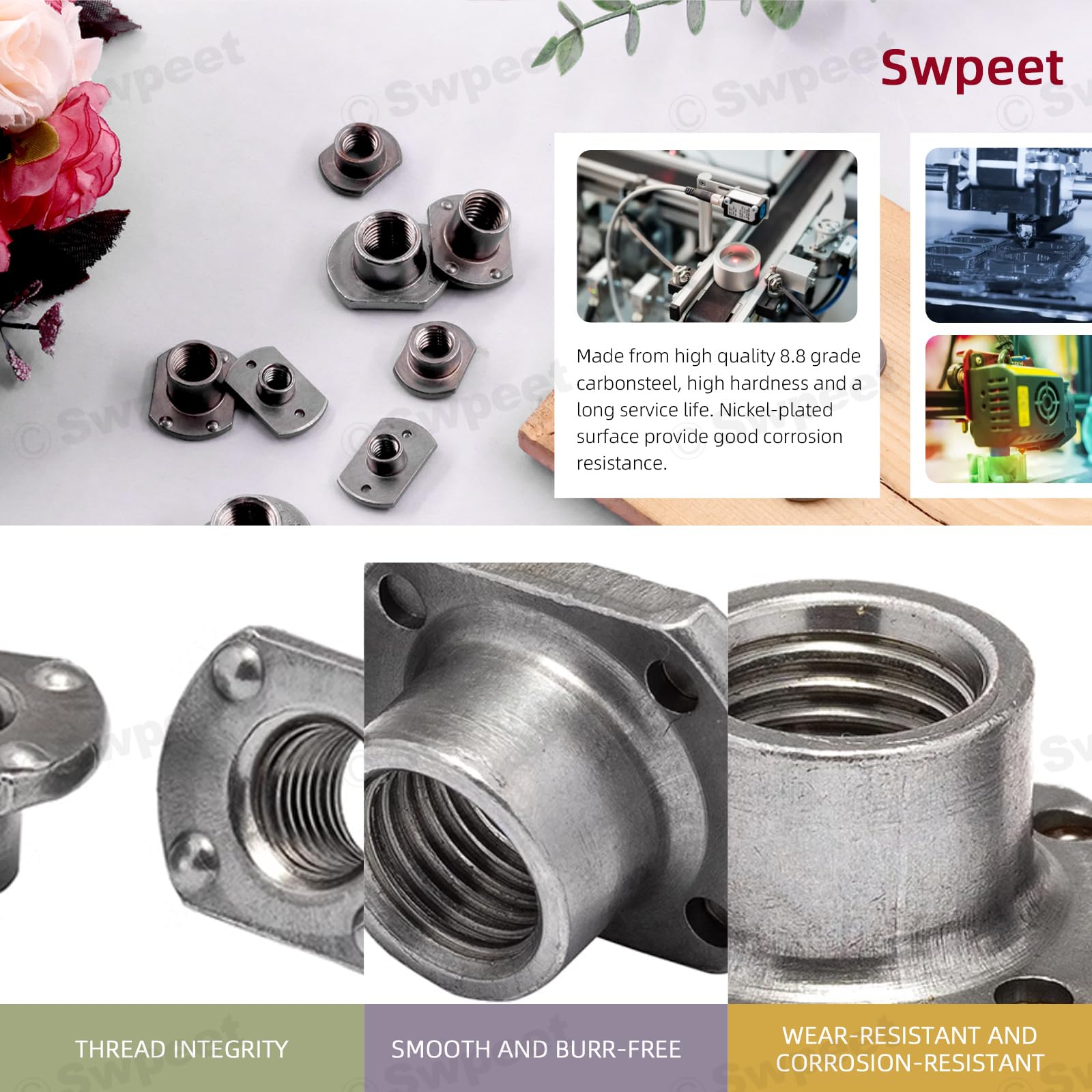 Swpeet Lot de 15 écrous à souder M6 noirs en forme de T, base à languette, vis à métaux UNC en acier au carbone, fixations de capot de soudage, 2 projections, idéal pour meubles, véhicules, roulettes