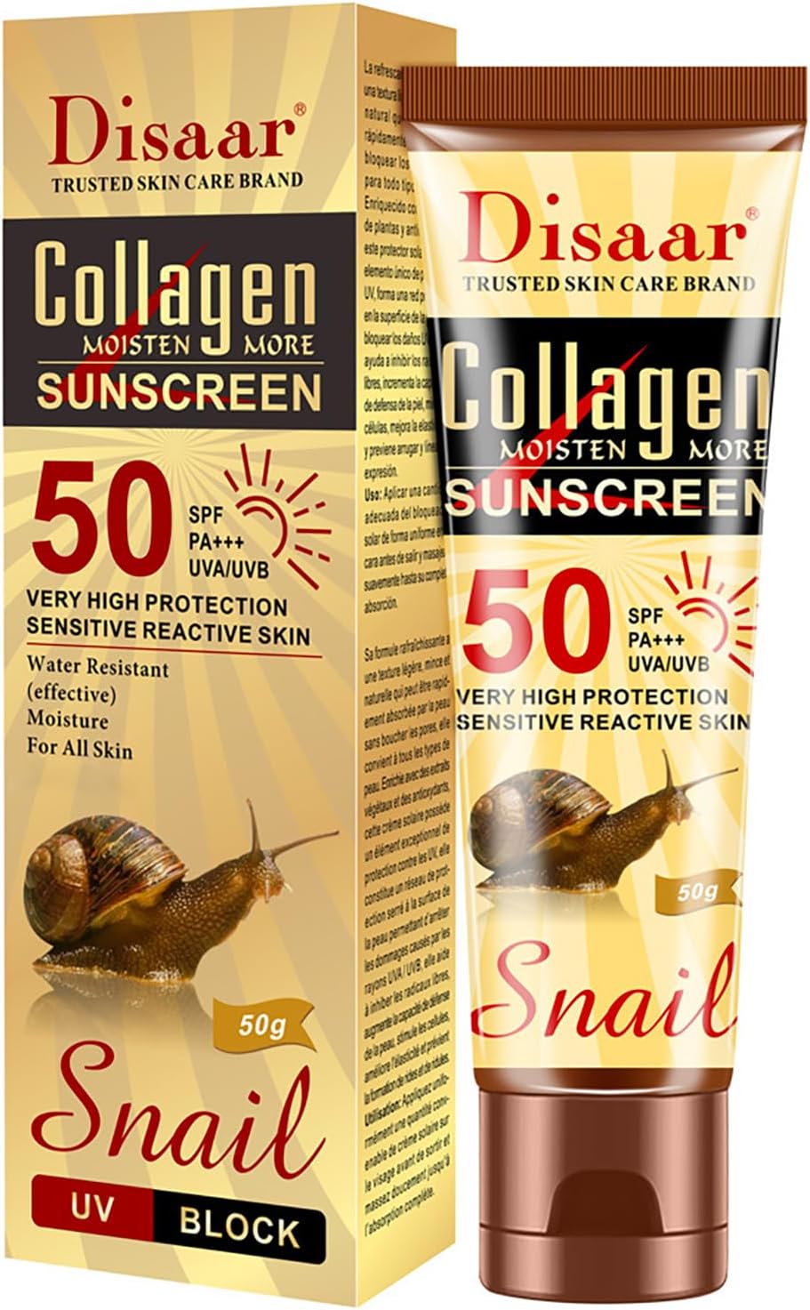 Collagen Snail Extract Sunscreen 50 SPF PA+++ UVA/UVB Hight Protection Sensetive Skin Water Resistant Moisture 50g / 1.76oz