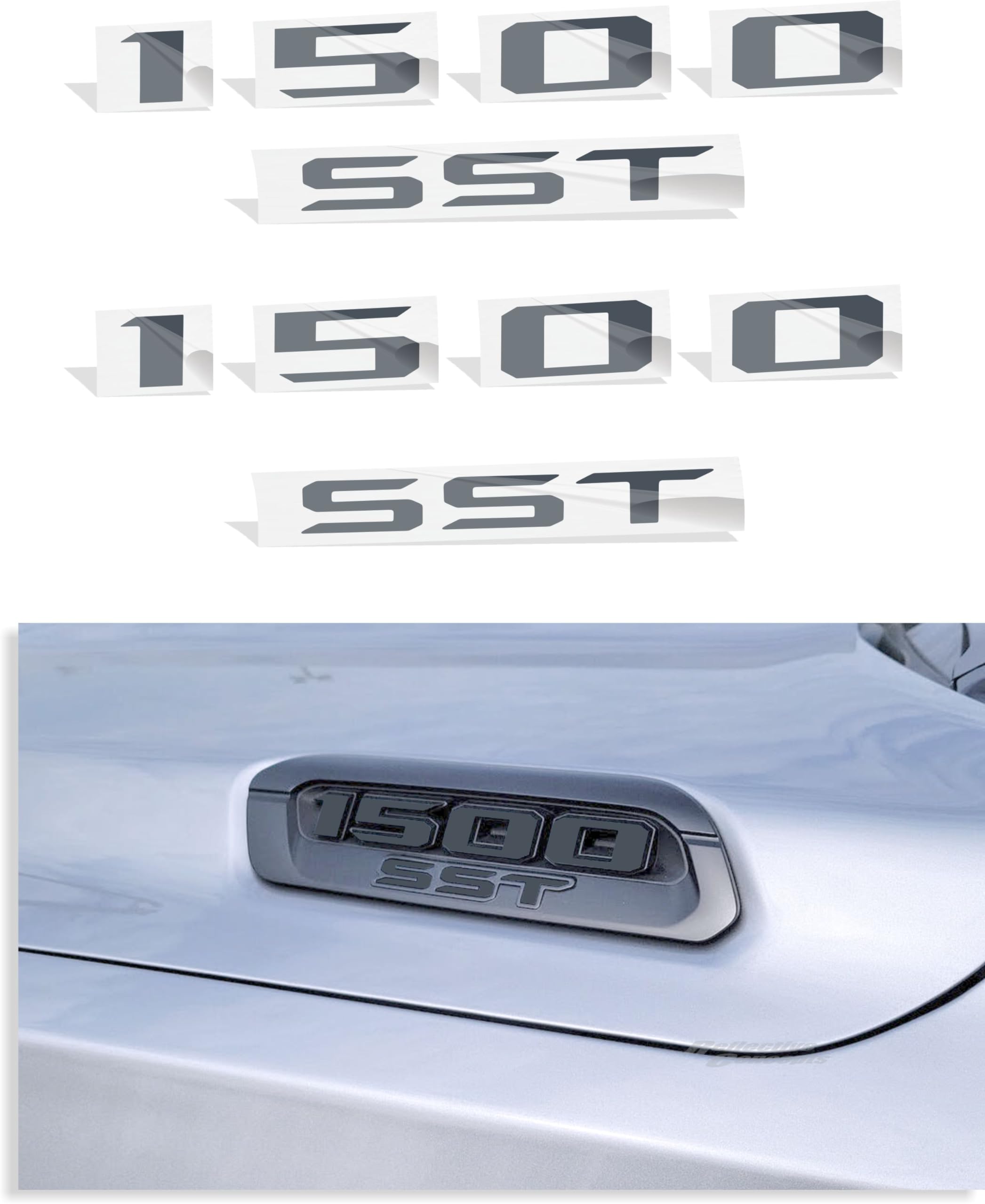 1500 SST Hood Emblem Overlay Decal Stickers - 2025 Ram 1500 Bighorn, Laramie and Warlock w/3.0 I6 Hurricane (Color: Reflective Light Black)