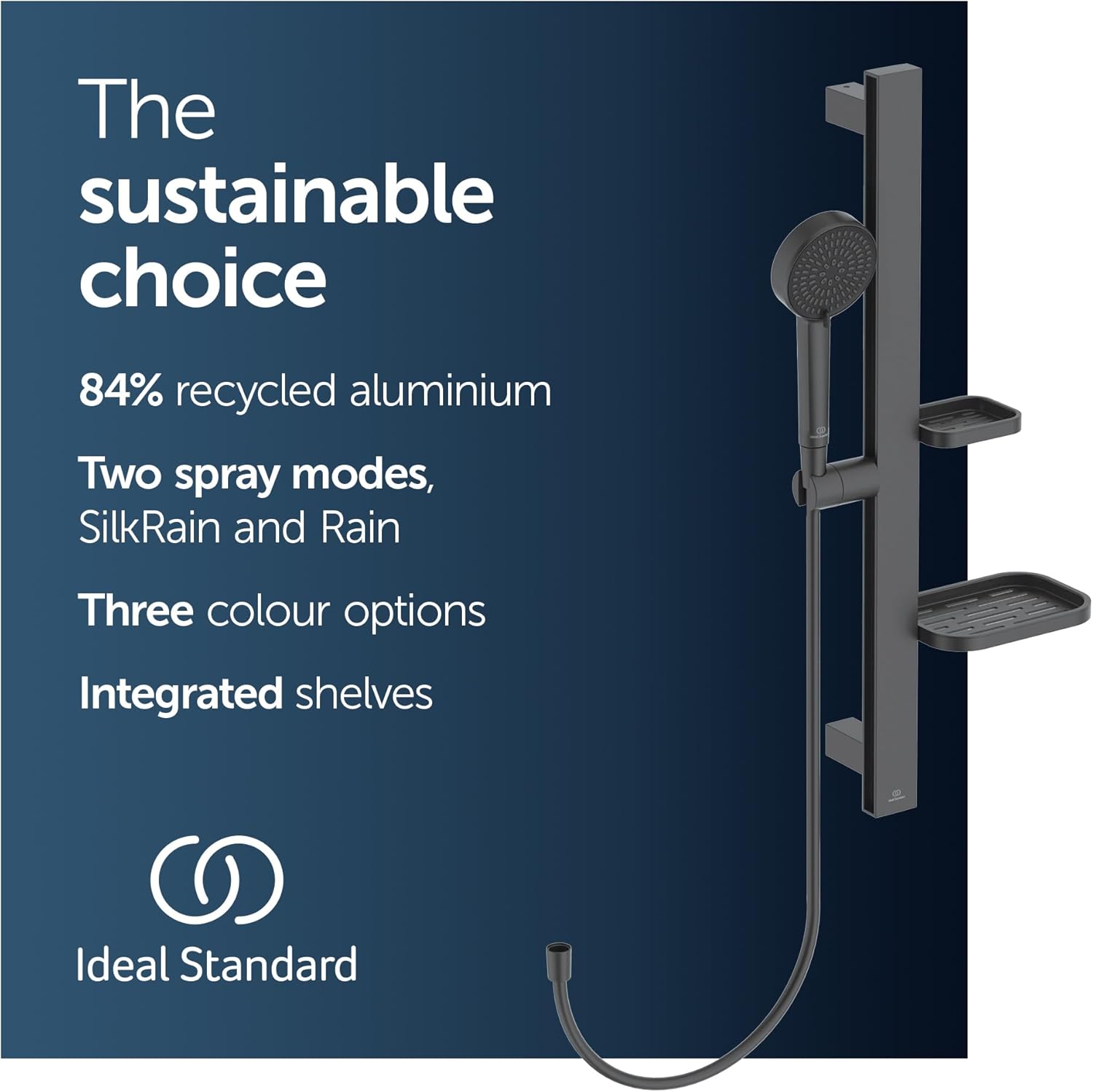 Фронт view of the Ideal Standard BD586XG Alu+ Shower Bar with hand shower and two integrated shelves.