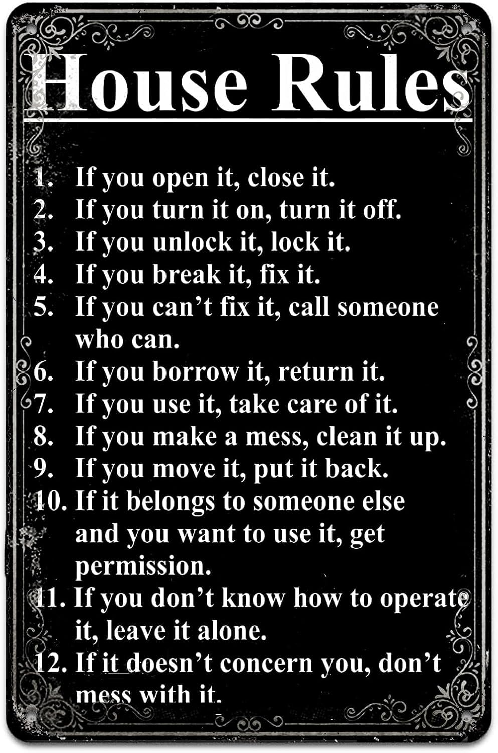 SMAZDFXX Retro Metal Tin Sign House Rules Family Rules Signs Funny Home Living Room Cave Garage bar Wall Decoration Inspirational Quotes Poster 5.5"x8"