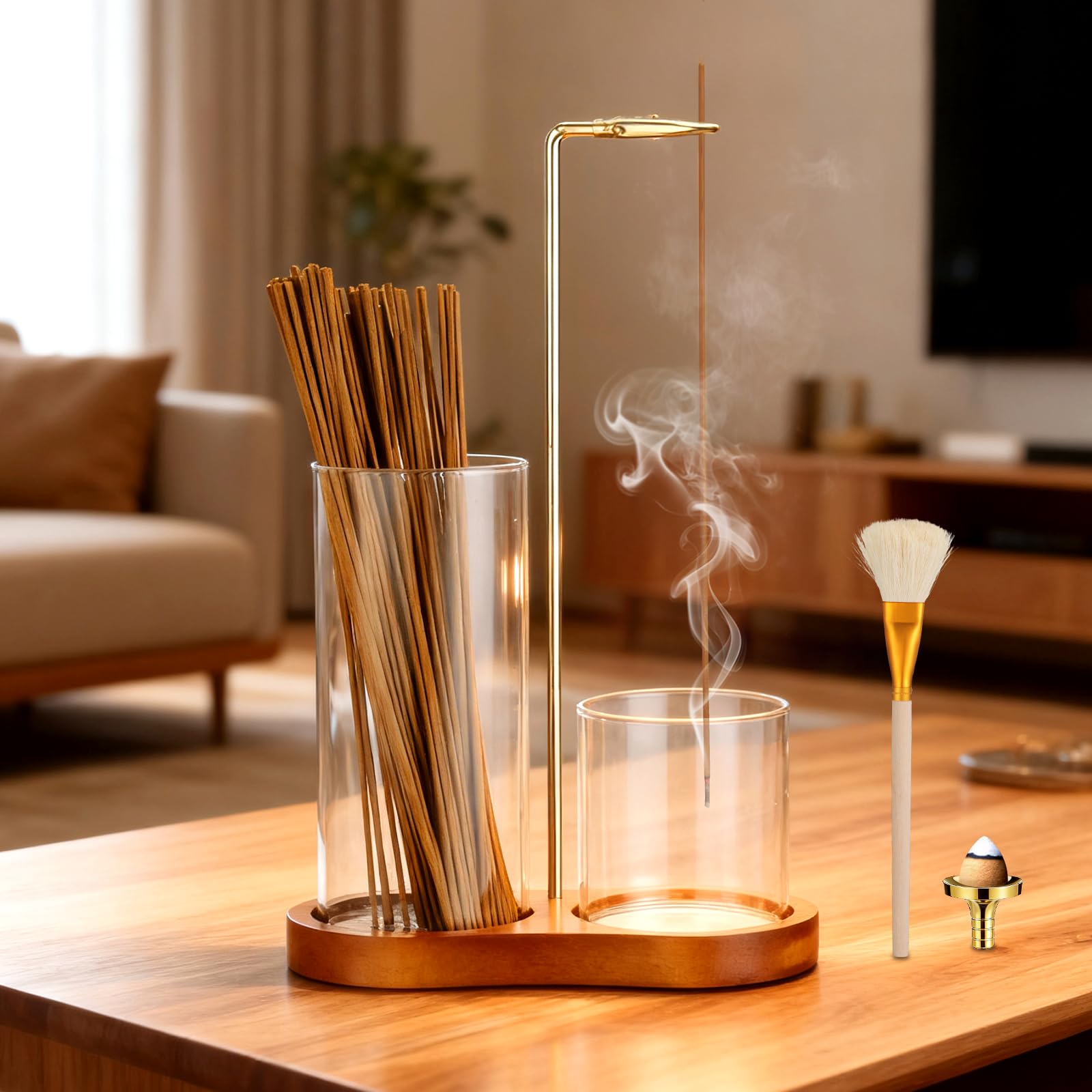 View 1 of 3-in-1 Incense Holder for Sticks, Anti-Ash Incense Sticks Burner with Enlarged Ash Catcher and Storage Cup for Meditation, Yoga, Spa, Home Décor and Gifts (Cone Holder & Brush Included)