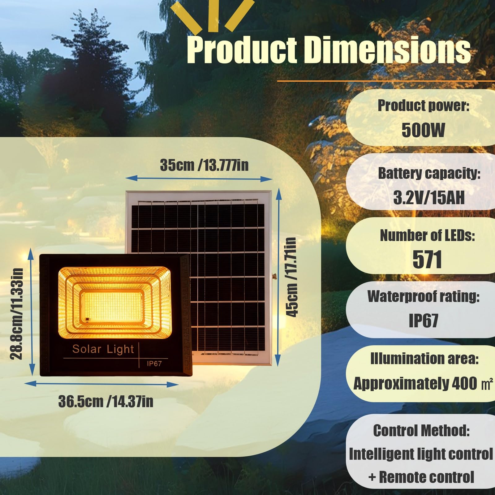 Solarleuchte Für Hof Garage 500w 571 LED, Ip67 Wasserdicht, Fernbedienung, Super Helles Solar Außenlicht, Automatische Beleuchtung Terrasse Garten(1-pack)