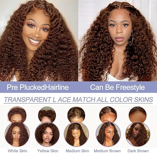 Miniatura 5 de Pelucas de cabello humano rizado marrón con encaje frontal, onda profunda, densidad del 150%, color chocolate, prearrancadas, 13x4, HD,