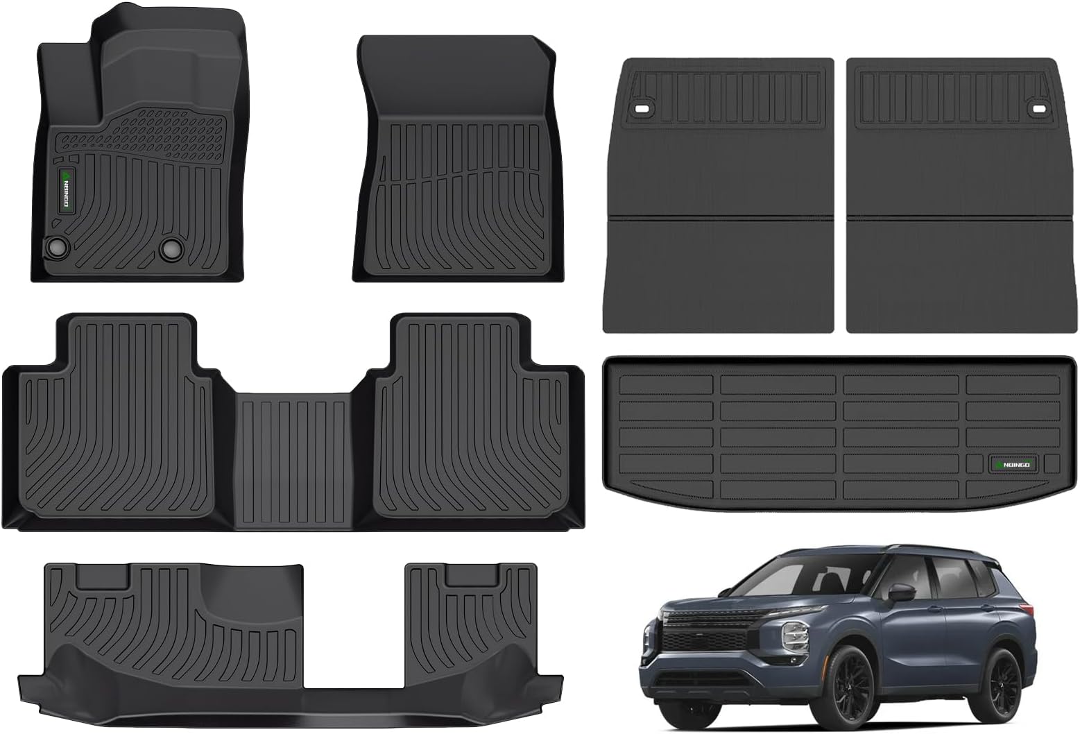 Floor Mats & Backseat Cargo Liner for Mitsubishi Outlander 2022-2024 2025 (Not PHEV/Not Sport) Custom Fit Full Set, All Weather Car Accessories (Velcro Tape Fixed Backseat)