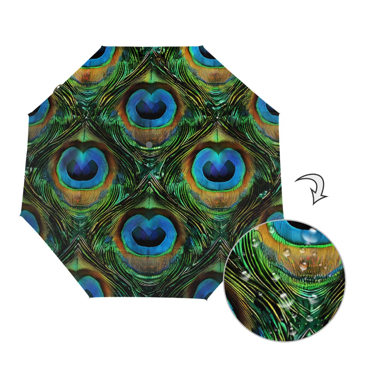 Ombrello pieghevole con motivo astratto con piume di pavone, ombrello da viaggio, compatto, antivento, impermeabile con protezione UV, rivestimento nero, leggero, 8 costole, portatile, per