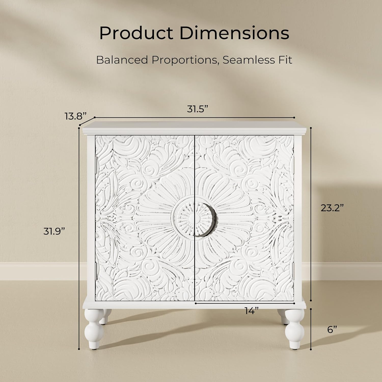 Buffet Cabinet with Storage, Accent Cabinet with 2 Carved Doors, Solid Wood Sideboard with Adjustable Shelf, Vintage Cabinets for Kitchen, Living Room, Entryway, White
