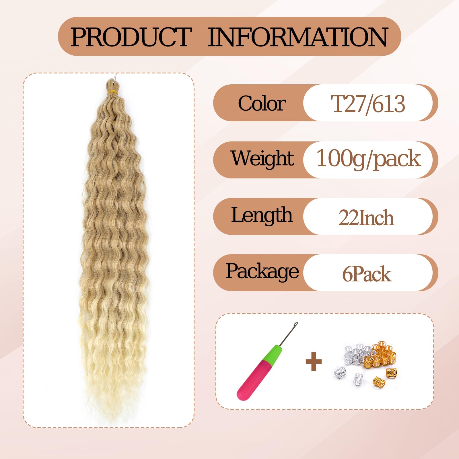 TAOYEMY Deep Wave Crochet Curly Braiding Hair 22 Inch 6 Packs Ocean Wave Crochet Hair Extensions Synthetic Curly Crochet Hair For Women (T27/613 - Image 2