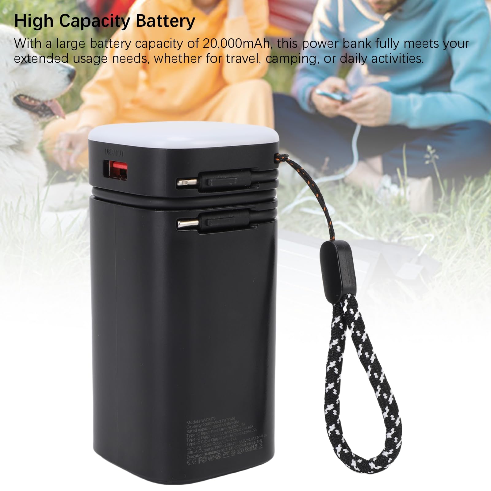 Power Bank Portatile, Stazione di Alimentazione Ad Alta capacità da 20000 MAh con Luci da Campeggio, 3 Livelli di luminosità e Cavo Integrato, 4 Uscite per Campeggio Ed Emergenza
