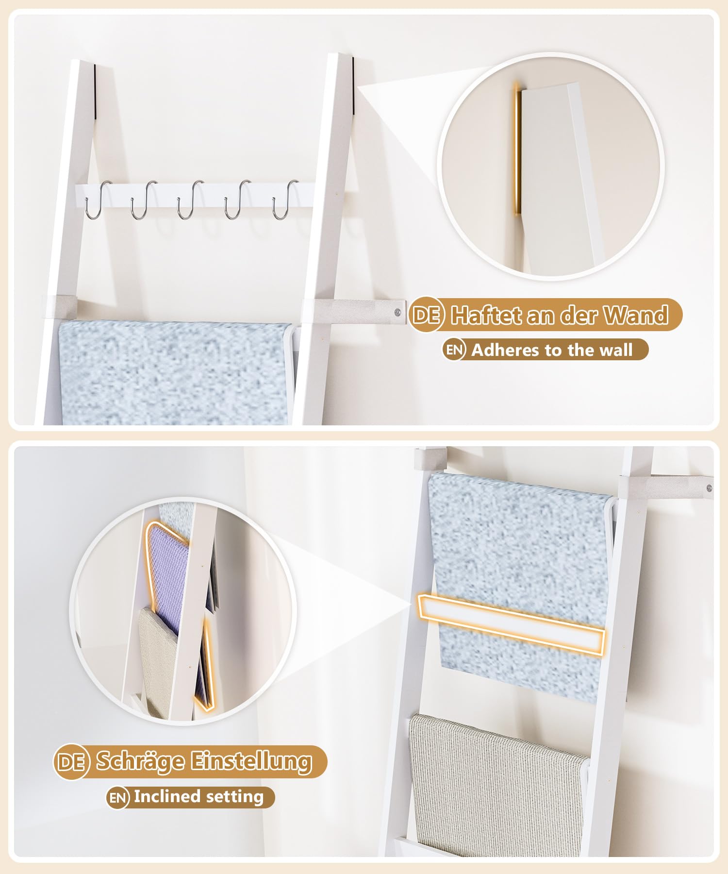 Yorbay Scala Portasciugamani in Bambù a 6 Pioli: Scala Porta Abiti con 2 Cinghie di Sicurezza e 5 Ganci - Portasciugamani Decorativa per Bagno Camera da Letto Piscina HxB 170 x 60 cm (Bianco)