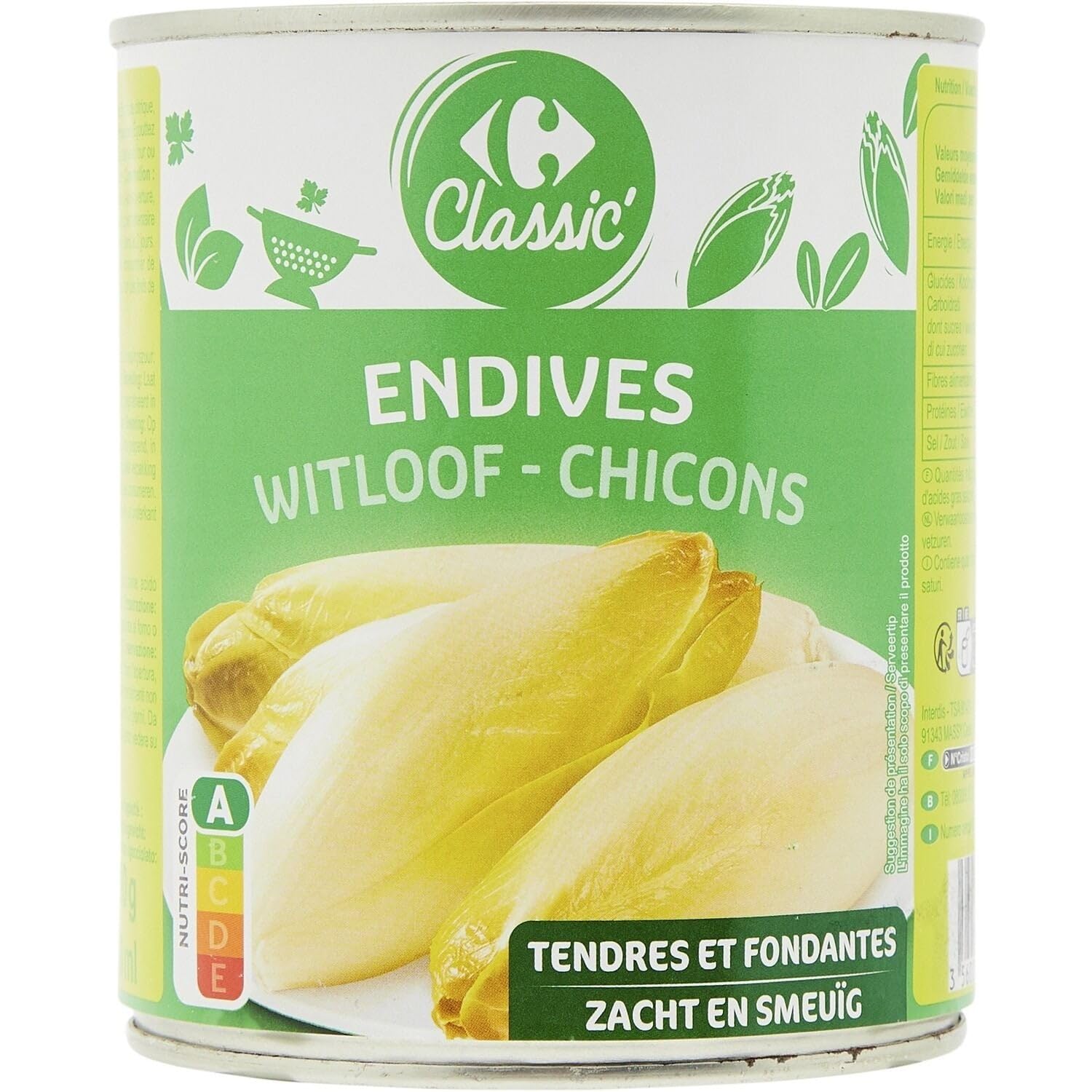 CARREFOUR CLASSIC' Endives en conserve - Tendres et fondantes - Boîte métal 530 g - Légumes prêts à l'emploi - Nutri-Score A - Lot de 3