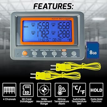4-Channel Thermocouple Data Logger -328~2498F Thermocouple Thermometer, Temperature Data Logger with 8GB SD Card, Unlimited Auto Logging, High/Low Alarm, MAX/MIN, Scheduled Start, Backlit LCD