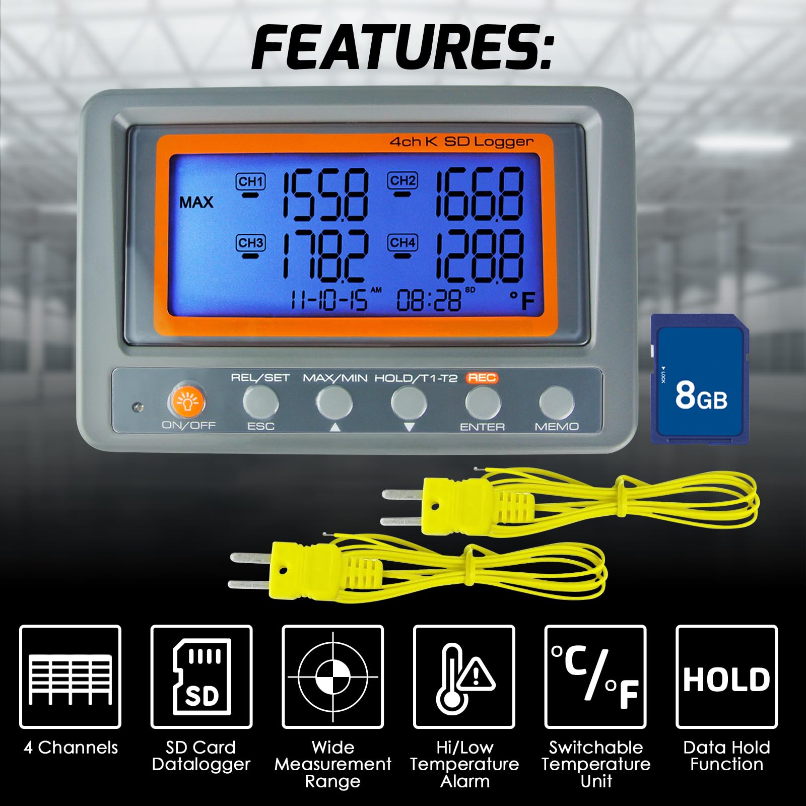 Digitales 4-Kanal-Thermoelement-Thermometer mit SD-Karte, Datenlogger-Funktion, programmierbarer Alarm für hohe/niedrige Grenze, Mehrkanal-Temperatursensor, Temperaturrekorder