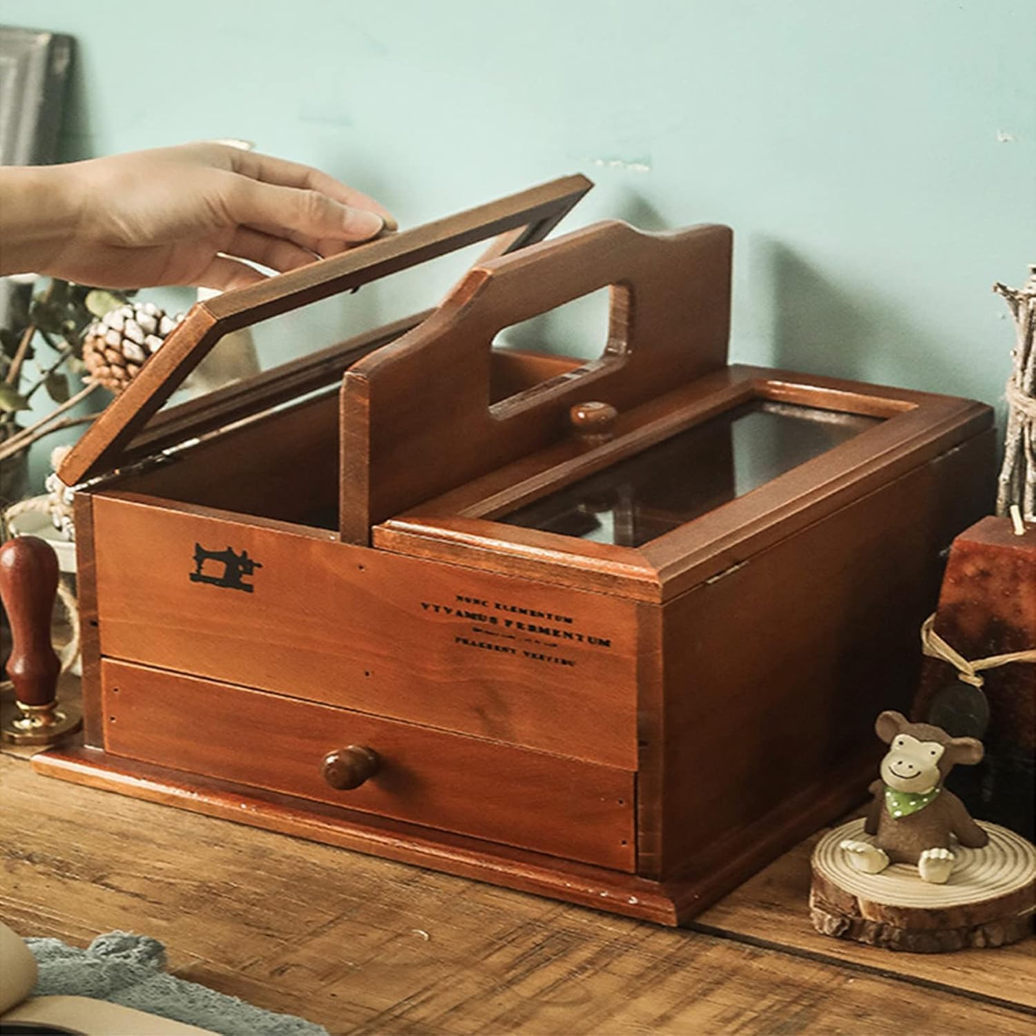 Drewniany kosz do szycia w stylu retro – przenośny zestaw do szycia z szufladą na uporządkowany pulpit przechowywanie materiałów do szycia