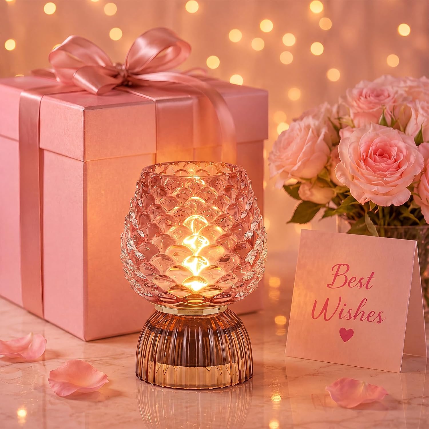 Battery Operated Lamp with Timer, Cute Small Cordless Glass Table Lamp for Home Decor, Kitchen, Bathroom, Birthday Gift for Women, Pinecone, Pink, 2 Pack