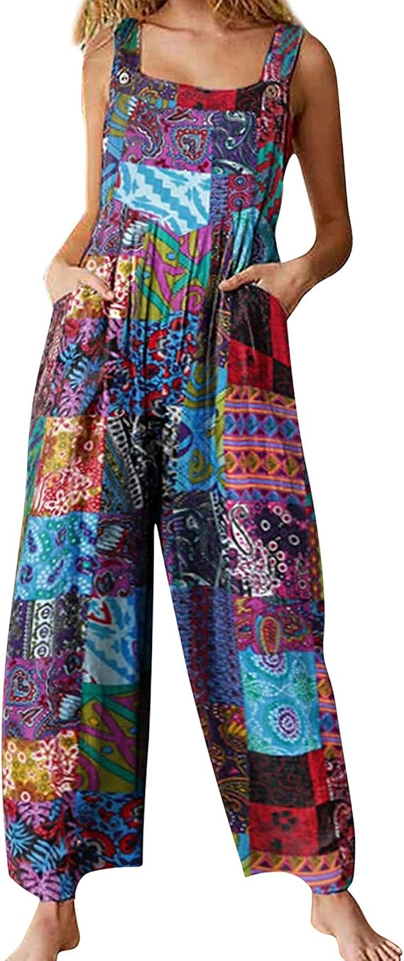 Women Wide Leg Boho Dungarees Jumpsuits 