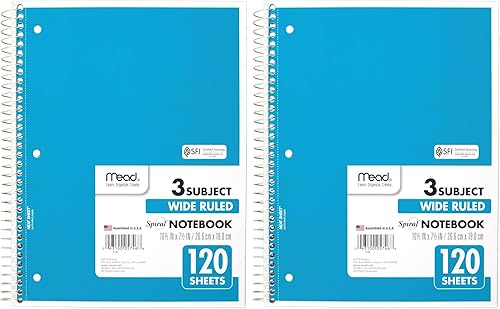 Miniatura 9 de Mead Cuaderno de espiral, 5 materias, papel a rayas anchas, 7-1/2 x 10-1/2 pulgadas, 180 hojas, el color variará (930205-25)