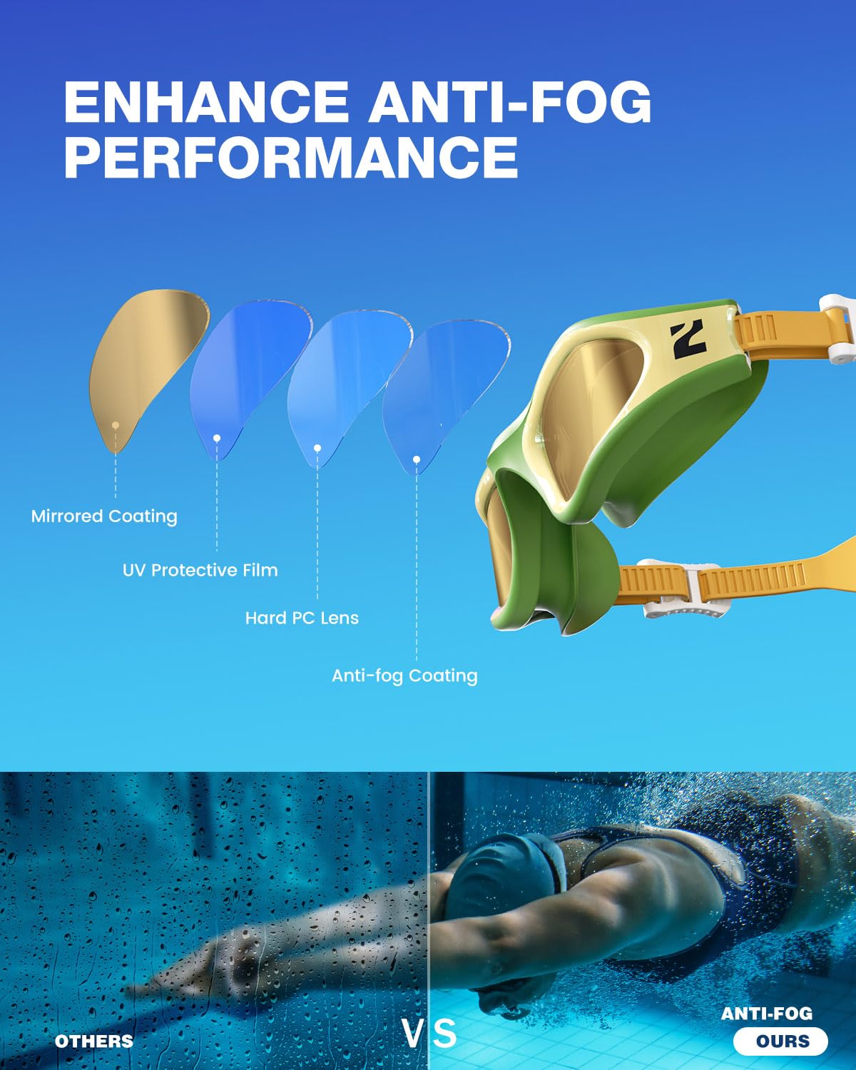 ZIONOR G1 Lite - Occhialini da nuoto per adulti, polarizzati, anti-appannamento, per donne e uomini, con cinturino in morbido silicone, per attività all'aperto