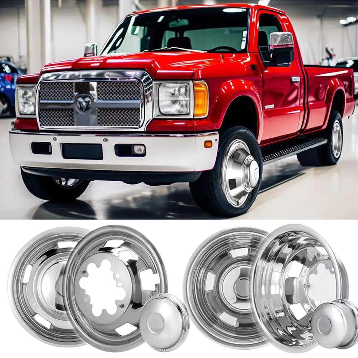 4-Piece 17-Inch Polished Stainless Steel Dually Wheel Simulators – Fit 2003-2019 Dodge Ram 3500, Bolt-On Covers