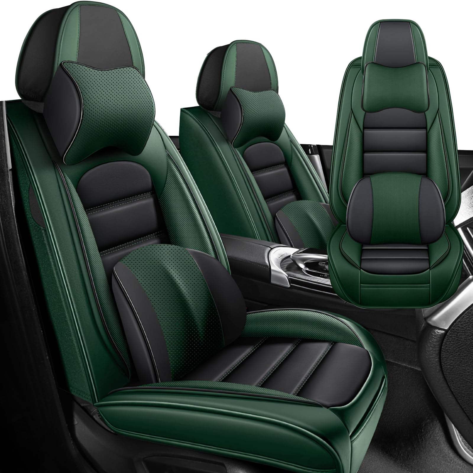 Iceleather Luxury Car Seat Covers for Ford Bronco Sport 2021-2025,Waterproof Soft Breathable PU Leather Seat Cover with Storage Pockets(Black&Green,