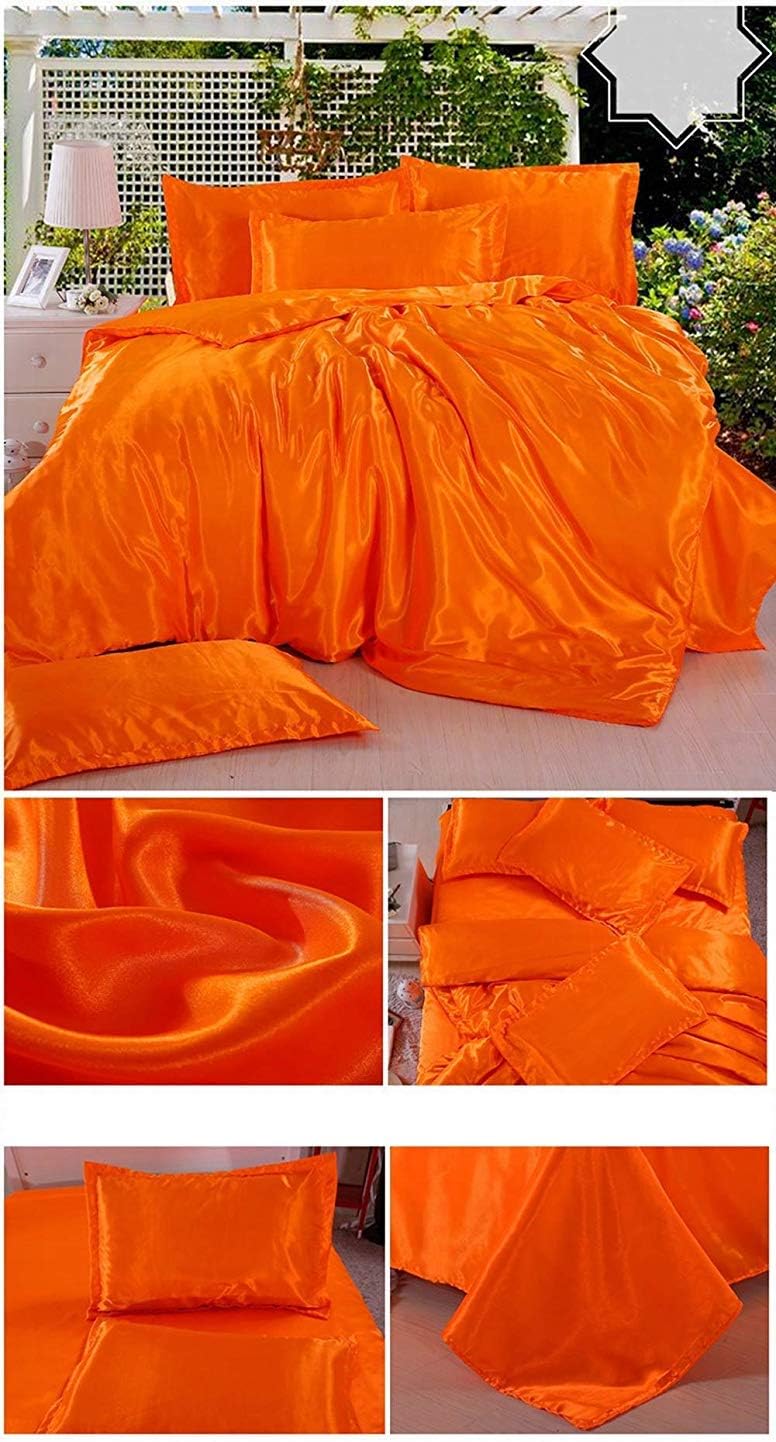 100% Pure Silk Solid Color Soft Silky Satin Luxurious & Hotel Quality 6 Pcs (1 Flat + 1 Fitted + 4 Pillow) Sheet Set Free Fitted Sheet Straps Fit Up to 12" Deep Pocket (Queen, Orange)