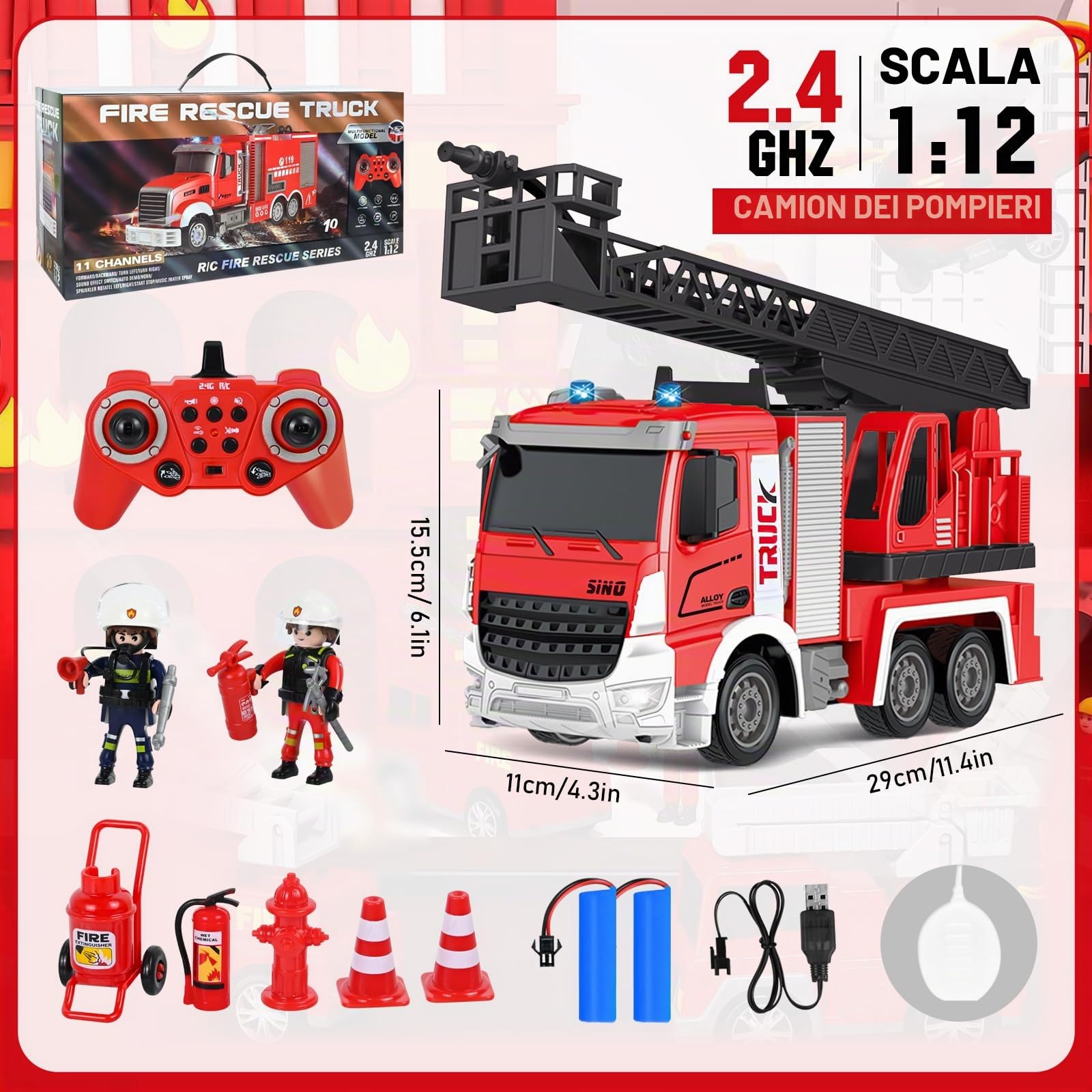PATEMZON Camion Pompieri Giocattolo, Camion dei Pompieri con Spruzzi D'acqua, 60CM Scala Girevole e Accessori Giocattolo, Luci e Suoni, Autopompa 2.4GHz Regali per Bambine e Bambini Dai 3 Anni