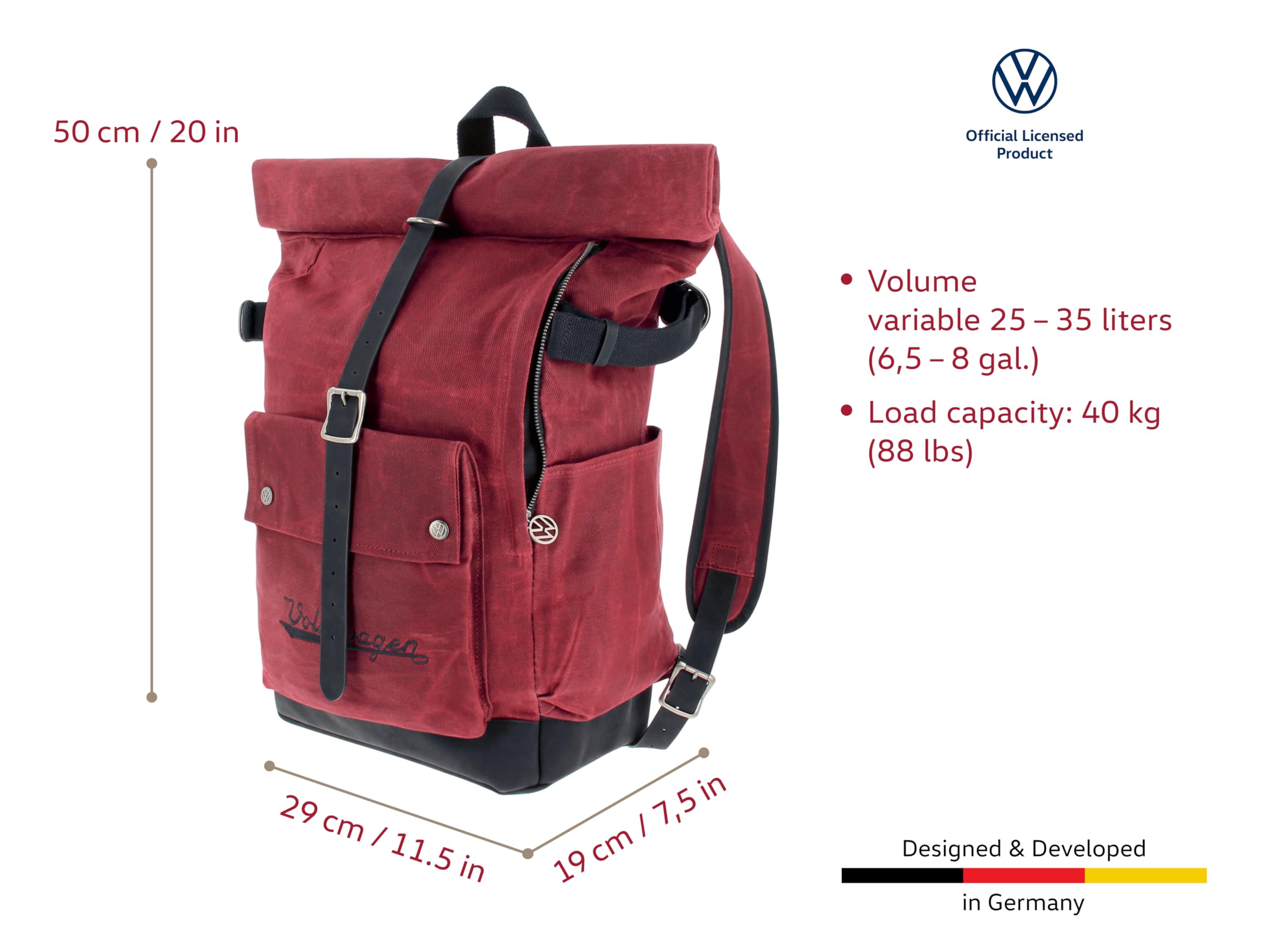 BRISA VW Collection – Rolltop Outdoor plecak podróżny, turystyczny, dla mężczyzn i kobiet, czerwony, 50 x 29 x 19 cm, vintage