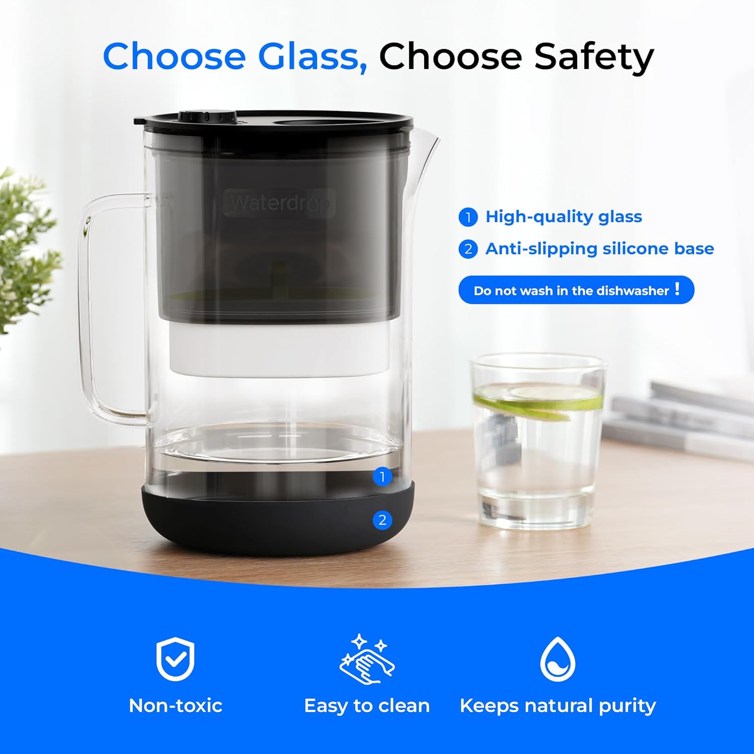Waterdrop Large Glass Water Filter Pitcher, Eco-Friendly, with 1 NSF 53&42&372 Certified Filter, 10-Cup, Reduces PFOA/PFOS, Chlorine, Cadmium, Copper, Mercury, BPA Free, Easy to Clean, Black - Image 2